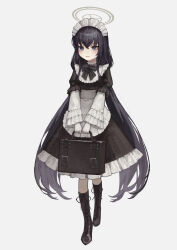 Rule 34 | 1girl, absurdres, alternate costume, apron, black bow, black bowtie, black dress, black footwear, black hair, blue archive, boots, bow, bowtie, briefcase, commentary request, dress, enmaided, frilled dress, frills, full body, furrowed brow, gloves, halo, highres, holding, holding briefcase, knee boots, long hair, long sleeves, looking away, maid, maid headdress, parted lips, purple eyes, sad, simple background, solo, ui (blue archive), very long hair, waist apron, white background, white gloves, yoon cook