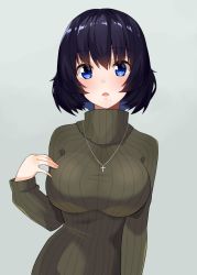 Rule 34 | 1girl, black hair, blue eyes, blush, breasts, character request, cross, cross necklace, gomashi (goma), highres, jewelry, large breasts, looking at viewer, mole, mole under mouth, necklace, original, ribbed sweater, short hair, simple background, solo, sweater