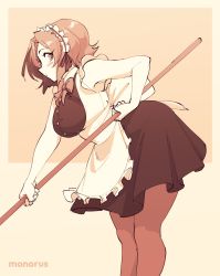 Rule 34 | 1girl, apron, artist name, black dress, blush, bow, bowtie, breasts, broom, character request, commentary, copyright request, dress, english commentary, from side, highres, holding, holding broom, large breasts, looking at viewer, maid, maid apron, maid headdress, medium hair, monochrome, monorus, pantyhose, parted bangs, parted lips, simple background, sleeveless, solo, standing