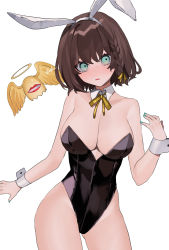 Rule 34 | 1girl, animal ears, aqua eyes, bare shoulders, bebe (bebe pp), braid, breasts, brown hair, charlotte corday (fate), cleavage, collarbone, eyebrows, fake animal ears, fate/grand order, fate (series), green nails, hairband, highres, large breasts, leotard, looking at viewer, nail polish, parted lips, playboy bunny, rabbit ears, ribbon, short hair, single braid, solo, white hairband, wrist cuffs, yellow ribbon