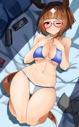 Rule 34 | 1girl, alternate costume, animal ears, bed, bikini, blue bikini, blush, breasts, brown hair, cleavage, commentary request, glasses, highres, horse ears, horse girl, horse tail, komb, large breasts, looking at viewer, lying, multicolored hair, on back, on bed, one eye closed, red-framed eyewear, red eyes, short hair, smile, solo, streaked hair, swimsuit, tail, tongue, tongue out, transcend (umamusume), umamusume, white hair
