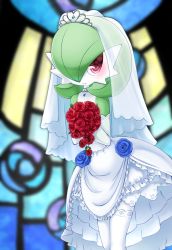 Rule 34 | 1girl, bare shoulders, blue flower, blue gemstone, blue rose, blurry, blurry background, blush, bouquet, bridal veil, bride, choker, closed mouth, clothed pokemon, colored skin, creatures (company), detached sleeves, dress, female focus, flat chest, floral print, flower, game freak, gardevoir, gem, gen 3 pokemon, green skin, hands up, happy, heart, heart in eye, highres, holding, holding bouquet, layered dress, leaning forward, legs together, muguet, multicolored skin, nintendo, pokemon, pokemon (creature), red eyes, red flower, red rose, rose, rose print, see-through, smile, solo, stained glass, standing, symbol in eye, thighhighs, tiara, two-tone skin, veil, wedding dress, white choker, white dress, white skin, white sleeves, white thighhighs