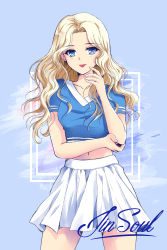 Rule 34 | 1girl, absurdres, animification, blonde hair, blue background, blue eyes, breasts, character name, collarbone, cropped shirt, highres, jinsoul, k-pop, lipstick, loona (group), makeup, medium breasts, navel, parted bangs, real life, red lips, ruru creations, skirt, smile, solo, white skirt