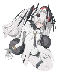 Rule 34 | 1girl, absurdres, bodysuit, bracelet, collar, cross-shaped pupils, feet out of frame, floating hair ornament, floating headgear, hair between eyes, headgear, highres, jewelry, looking down, luna: laurel (punishing: gray raven), luna (punishing: gray raven), metal collar, nainainainainaiya, orb, punishing: gray raven, simple background, skin tight, skindentation, solo, symbol-shaped pupils, thigh strap, twintails, white background, white bodysuit, white hair, yellow eyes