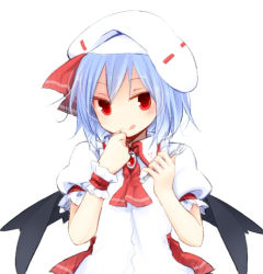 Rule 34 | 1girl, :q, blue hair, brooch, commentary request, curiosities of lotus asia, dress, fork, hands up, hat, hat ribbon, holding, holding fork, jewelry, kazeharu, looking at viewer, red eyes, red neckwear, red ribbon, remilia scarlet, ribbon, short hair, short sleeves, simple background, solo, tongue, tongue out, touhou, upper body, white background, white dress, white hat, wings, wrist cuffs