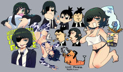 Rule 34 | 1boy, 1girl, 2others, alcohol, animal ears, animal print, beer, beer can, bikini, black jacket, black necktie, breasts, can, chainsaw, chainsaw man, cigarette, cleavage, closed eyes, collared shirt, cow horns, cow print, crop top, drink can, eyepatch, fake animal ears, formal, ghost devil (chainsaw man), ghost hands, green eyes, grey background, hayakawa aki, highres, himeno (chainsaw man), holding, holding cigarette, horns, jacket, jiansketch, kill la kill, large breasts, live tucker reaction (meme), looking at viewer, looking to the side, medium hair, meme, midriff, multiple others, necktie, pochita (chainsaw man), poptepipic, print thighhighs, shirt, short hair, simple background, smoking, strong zero, suit, swimsuit, tank top, thighhighs, topknot, underwear, veins, veiny hands, white shirt, white tank top, wide hips