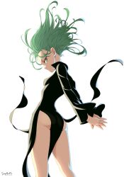 Rule 34 | 1girl, absurdres, arms behind back, ass, black dress, breasts, dress, floating hair, from behind, green eyes, green hair, highres, legs, long sleeves, looking at viewer, looking back, one-punch man, own hands together, popped collar, short hair, side slit, simple background, small breasts, solo, stayaliveplz, tatsumaki, taut clothes, taut dress, thighs, white background