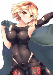 Rule 34 | 10s, 1girl, arm up, armpits, bare shoulders, belt, blonde hair, blush, breasts, breasts apart, brown eyes, closed mouth, covered navel, cowboy shot, djeeta (granblue fantasy), earrings, elbow gloves, gloves, granblue fantasy, groin, gunslinger (granblue fantasy), hair ribbon, hairband, hand up, head tilt, hip vent, holding, holster, impossible clothes, impossible leotard, iroha (unyun), jacket, jacket over shoulder, unworn jacket, jewelry, large breasts, leotard, light smile, looking at viewer, outstretched arm, over shoulder, pants, parted bangs, ribbon, shiny clothes, short hair, simple background, single elbow glove, single glove, skin tight, solo, spandex, standing, thigh gap, white background, yellow eyes