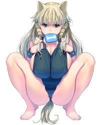 Rule 34 | animal ears, bare shoulders, barefoot, blue eyes, blush, breasts, cleavage, covered erect nipples, dog ears, dog tail, drill hair, feet, highres, huge breasts, kouno (masao), long hair, looking at viewer, mouth hold, one-piece swimsuit, original, partially visible vulva, school swimsuit, sideboob, simple background, solo, spread legs, squatting, swimsuit, tail, thighs, toes, white background