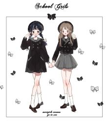 Rule 34 | 2girls, ankle socks, black bow, black eyes, black footwear, black hair, black headwear, black jacket, black skirt, blazer, blunt bangs, blush stickers, bow, bow print, brown eyes, brown hair, buttons, collar, collared jacket, crossed legs, empty eyes, english text, fashion, full body, grey collar, grey skirt, hair bow, hand in own hair, hat, high-waist skirt, highres, holding hands, jacket, loafers, long hair, long sleeves, looking at another, looking at viewer, low twintails, miniskirt, multiple girls, open mouth, original, polka dot, polka dot bow, putong xiao gou, school uniform, shoes, skirt, smile, socks, straight hair, striped clothes, striped collar, striped skirt, twintails, vertical-striped clothes, vertical-striped skirt, white background, white bow, white socks