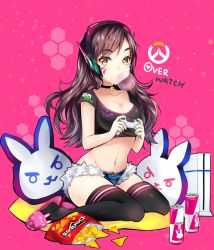 Rule 34 | 1girl, animal slippers, bell, blizzard (company), breasts, brown eyes, brown hair, blowing bubbles, bunny slippers, chewing gum, chips (food), choker, cleavage, collar, controller, crop top, d.va (overwatch), doritos, duji amo, energy drink, facepaint, facial mark, food, game console, game controller, gamepad, headphones, headset, heart, heart in eye, highres, large breasts, logo, long hair, navel, neck bell, overwatch, overwatch 1, pillow, pink background, playing games, playstation 4, short shorts, shorts, slippers, solo, symbol in eye, thighhighs, usagihime, whisker markings