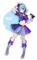 Rule 34 | aikatsu! (series), aikatsu friends!, black gloves, blue hair, blue jacket, boots, bow, braid, commentary, crop top, cropped jacket, fingerless gloves, footwear bow, french braid, frilled boots, frilled skirt, frills, gloves, gradient hair, hair ornament, highres, holding, holding microphone, idol clothes, jacket, medium hair, microphone, midriff, minato mio, multicolored hair, nurumi p, purple bow, purple eyes, purple hair, skirt, star (symbol), star hair ornament
