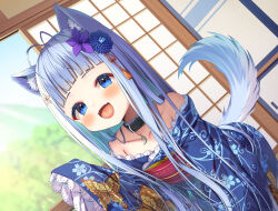 Rule 34 | 1girl, absurdres, animal ears, asa no ha (awayuki), blue eyes, blue hair, blue kimono, collar, collarbone, fangs, highres, indoors, japanese clothes, kimono, long hair, looking at viewer, non-web source, open mouth, solo, tail