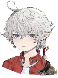 1girl ahoge alisaie_leveilleur blue_eyes earrings elezen elf final_fantasy final_fantasy_xiv grey_hair hair_ribbon highres jacket jewelry looking_at_viewer pointy_ears ponytail portrait rarararara0415 red_jacket ribbon romper shirt single_earring solo white_shirt