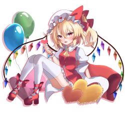 Rule 34 | 1girl, absurdres, ascot, balloon, blonde hair, crystal wings, flandre scarlet, full body, hat, hat ribbon, heart, high heels, highres, iris (airisu495), open mouth, red eyes, red ribbon, ribbon, side ponytail, simple background, solo, thighhighs, touhou, white background, white mob cap, white thighhighs, wrist cuffs, yellow ascot