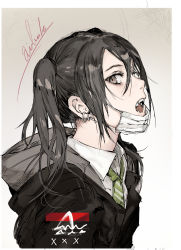 Rule 34 | 1girl, black hair, black jacket, blush, brown background, brown eyes, collared shirt, diagonal-striped clothes, diagonal-striped necktie, diagonal-striped neckwear, from side, gradient background, green necktie, hair between eyes, highres, hiranko, hood, hood down, hooded jacket, idolmaster, idolmaster cinderella girls, jacket, looking at viewer, looking to the side, mask, mask pull, mouth mask, necktie, open mouth, sharp teeth, shirt, signature, solo, striped clothes, striped necktie, striped neckwear, sunazuka akira, surgical mask, teeth, twintails, upper body, white background, white shirt