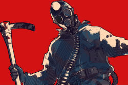 Rule 34 | 1boy, gas mask, helmet, male focus, mask, miner, my bloody valentine (movie), pickaxe, solo