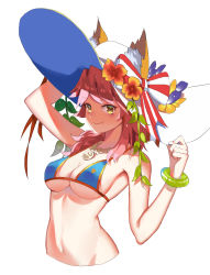 Rule 34 | 1girl, absurdres, alternate costume, animal ears, arched back, armpits, bikini, blue bikini, breasts, collarbone, ears through headwear, fang, fang out, fate/grand order, fate (series), fox ears, from side, groin, hair over shoulder, hat, highres, large breasts, le shu, long hair, looking at viewer, pink hair, sideboob, smile, solo, sun hat, swimsuit, tamamo (fate), tamamo no mae (fate/extra), tamamo no mae (swimsuit lancer) (fate), tamamo no mae (swimsuit lancer) (third ascension) (fate), underboob, upper body, white hat, yellow eyes
