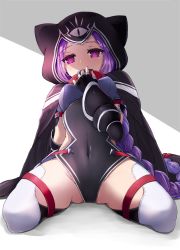 Rule 34 | 1girl, arm up, armor, bad id, bad pixiv id, black cape, black gloves, black leotard, braid, breastplate, cape, collar, commentary request, covered mouth, covered navel, fate/grand order, fate (series), fingerless gloves, gloves, hand to own mouth, hood, leotard, long braid, long hair, medusa (fate), medusa (lancer) (fate), medusa (rider) (fate), ponytail, purple eyes, purple hair, rider, single braid, sitting, solo, spread legs, thigh strap, thighhighs, thighs, very long hair, white thighhighs