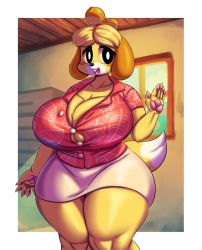 Rule 34 | 1girl, animal crossing, animal ears, black eyes, blonde hair, breasts, bursting breasts, ceiling, cleavage, collarbone, cowboy shot, curvy, day, dog ears, dog girl, dog tail, fabianoferreira, female focus, fingernails, furry, furry female, highres, huge breasts, indoors, isabelle (animal crossing), long fingernails, looking at viewer, miniskirt, nintendo, open mouth, pawpads, red shirt, shiny clothes, shiny skin, shirt, short hair, short sleeves, skin tight, skindentation, skirt, sky, smile, solo, standing, tail, teeth, thick thighs, thighs, tongue, topknot, white skirt, wide hips, window, wooden ceiling