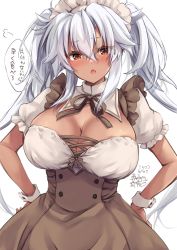 Rule 34 | 1girl, absurdres, alternate costume, blush, breasts, brown dress, brown eyes, cleavage, cleavage cutout, clothing cutout, dark-skinned female, dark skin, dress, enmaided, glasses, grey-framed eyewear, highres, huge breasts, kantai collection, long hair, looking at viewer, maid, maid headdress, mashiro yukiya, musashi (kancolle), musashi kai ni (kancolle), puffy short sleeves, puffy sleeves, rectangular eyewear, semi-rimless eyewear, short sleeves, silver hair, solo, speech bubble, translation request, twintails, very long hair