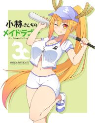 Rule 34 | 1girl, :q, absurdres, alternate costume, artist name, baseball bat, baseball cap, blonde hair, blush, border, breasts, cleavage, colored tips, copyright name, dragon girl, dragon horns, gs (onsen syndicate), hair through headwear, hands up, hat, highres, holding, holding baseball bat, horns, horns through headwear, kobayashi-san chi no maidragon, large breasts, long hair, looking at viewer, midriff, mixed-language commentary, multicolored hair, navel, one eye closed, orange eyes, pants, ponytail, short sleeves, shorts, slit pupils, solo, standing, standing on one leg, stomach, thighs, tight clothes, tight pants, tohru (maidragon), tongue, tongue out, very long hair, white border, white shorts