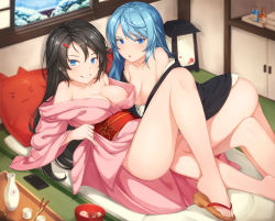 Rule 34 | 2girls, bare legs, black hair, blue eyes, blue hair, blush, bottle, breasts, cellphone, choko (cup), cleavage, closers, cup, grin, hallohi, highres, indoors, japanese clothes, long hair, looking at viewer, lying, medium breasts, multiple girls, nipples, no bra, obi, obijime, off shoulder, on back, on side, open mouth, parted bangs, phone, pillow, reclining, sake bottle, sandals, sash, smartphone, smile, snow, tokkuri, violet (closers), window, winter, yuri seo
