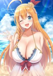 Rule 34 | 1girl, ;d, ahoge, arm behind back, bare arms, bare shoulders, blue eyes, blue sky, blush, braid, breasts, cleavage, cloud, collarbone, commentary request, day, flower, hair flower, hair ornament, highres, large breasts, lens flare, long hair, looking at viewer, navel, ocean, one-piece swimsuit, one eye closed, open mouth, orange hair, outdoors, pecorine (princess connect!), pecorine (summer) (princess connect!), princess connect!, rose, side braid, sky, smile, solo, straight hair, swimsuit, upper body, very long hair, white one-piece swimsuit, yellow flower, yellow rose, yue (show-ei)