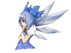 Rule 34 | 1girl, bad id, bad pixiv id, black hair, blue eyes, blue hair, bow, cirno, dress, embodiment of scarlet devil, female focus, hair bow, matching hair/eyes, short hair, simple background, solo, touhou, white background, wings