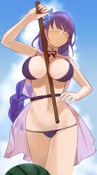 Rule 34 | 1girl, alracoco, alternate costume, arm up, bare arms, between breasts, bikini, blindfold, blue sky, blurry, blurry background, braid, breasts, closed mouth, cloud, facing viewer, flower, food, fruit, genshin impact, hair flower, hair ornament, highres, holding, holding stick, large breasts, long hair, low-braided long hair, low-tied long hair, multicolored hair, nail polish, navel, open clothes, outdoors, purple bikini, purple hair, purple nails, raiden shogun, rope, sidelocks, single braid, sky, solo, stick, stomach, streaked hair, string bikini, suikawari, swimsuit, thighs, very long hair, watermelon, white blindfold