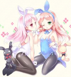 Rule 34 | 2girls, ;o, alicia (pop&#039;n music), alternate color, animal ears, ass, blush, breasts, rabbit ears, playboy bunny, detached collar, dual persona, fake animal ears, green eyes, hairband, high heels, leotard, long hair, looking at viewer, multiple girls, one eye closed, pantyhose, pink eyes, pink hair, player 2, pop&#039;n music, shoes, shouni (sato3), small breasts, stuffed animal, stuffed rabbit, stuffed toy, tail, wrist cuffs