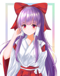 Rule 34 | 1girl, 7saki, arm at side, arm up, bad id, bad pixiv id, blush, commentary request, detached sleeves, expressionless, furisode, gradient background, hair ribbon, hair tubes, hakama, hakama short skirt, hakama skirt, hakurei reimu, hakurei reimu (pc-98), hand in own hair, highres, japanese clothes, kimono, light blush, long hair, long sleeves, looking at viewer, purple hair, red eyes, ribbon, sidelocks, skirt, solo, standing, touhou, touhou (pc-98), upper body, very long hair, white background