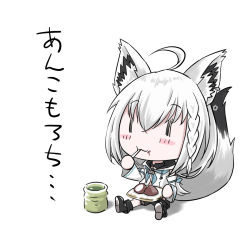 Rule 34 | 1girl, ahoge, animal ear fluff, animal ears, black footwear, black shorts, black thighhighs, blue neckerchief, blush, braid, chibi, commentary request, cup, detached sleeves, eating, food, fork, fox ears, fox girl, fox tail, hair between eyes, highres, holding, holding fork, holding plate, hololive, hood, hoodie, kumab, long hair, looking at viewer, mochi, neckerchief, plate, shirakami fubuki, shirakami fubuki (1st costume), short shorts, shorts, sidelocks, simple background, single braid, single thighhigh, sitting, solo, tail, thigh strap, thighhighs, translation request, utensil in mouth, virtual youtuber, white background, white hair, white hoodie, yunomi, | |