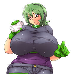 Rule 34 | 1girl, blue shirt, bottle, breasts, collar, cowboy shot, curvy, dot nose, eyelashes, female focus, gem, glasses, gloves, green hair, hair between eyes, hataraki ari, huge breasts, looking at viewer, milk, navel, open mouth, plump, purple shirt, red eyes, shiny clothes, shiny skin, shirt, short shorts, shorts, simple background, solo, standing, taut clothes, taut shirt, white background