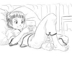 Rule 34 | 1girl, barefoot, character request, feet, greyscale, handheld game console, monochrome, monochrome, nintendo ds, pillow, soles, solo, toes