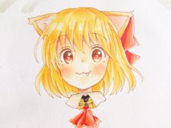 Rule 34 | 1girl, :3, absurdres, animal ears, ascot, bell, blonde hair, blush, cat ears, collar, commentary request, fang, hair ribbon, highres, jingle bell, kemonomimi mode, looking at viewer, moto mania, portrait, red ascot, red eyes, red ribbon, ribbon, rumia, short hair, simple background, solo, tareme, texture, touhou, traditional media, wing collar