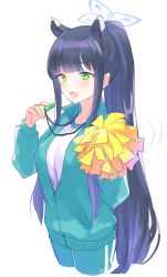 Rule 34 | 1girl, alternate costume, animal ears, black hair, blue archive, cropped legs, green eyes, green jacket, halo, highres, holding, holding pom poms, holding whistle, jacket, kyuuri (miyako), long hair, long sleeves, looking at viewer, partially unzipped, pom pom (cheerleading), pom poms, ponytail, shirt, shun (blue archive), simple background, solo, sportswear, track jacket, track suit, whistle, whistle around neck, white background, white shirt