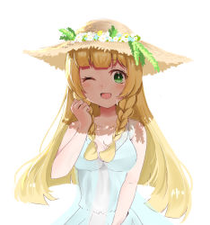 Rule 34 | 1girl, ;d, azetsuraito, bad id, bad pixiv id, bare shoulders, blonde hair, blue dress, blunt bangs, blush, braid, breasts, cleavage, collarbone, commentary request, creatures (company), dress, flower, game freak, green eyes, hat, hat flower, highres, leaf, lillie (pokemon), long hair, looking at viewer, medium breasts, nintendo, one eye closed, open mouth, pokemon, pokemon sm, sidelocks, simple background, sleeveless, sleeveless dress, smile, solo, straw hat, twin braids, upper body, white background