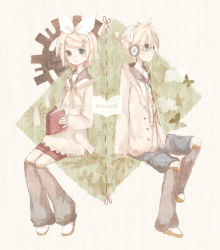 Rule 34 | 1boy, 1girl, blonde hair, brother and sister, glasses, hairband, headphones, kagamine len, kagamine rin, mikanniro, shorts, siblings, sleeves past wrists, vocaloid