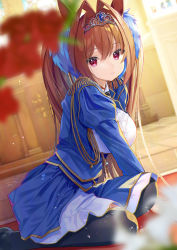 Rule 34 | 1girl, animal ears, antenna hair, atori, blue dress, blurry, blurry foreground, breasts, brown hair, center frills, chain, closed mouth, daiwa scarlet (umamusume), dress, dutch angle, framed breasts, frills, gold chain, hair between eyes, hair intakes, highres, horse ears, horse girl, lace, lace-trimmed skirt, lace trim, large breasts, long hair, long sleeves, looking at viewer, purple eyes, sitting, skirt, solo, tiara, umamusume