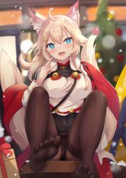 Rule 34 | 1girl, absurdres, ahoge, animal ear fluff, animal ears, black pantyhose, blonde hair, blue eyes, blurry, blurry background, blush, fang, fox ears, fox tail, highres, inaho (world flipper), long hair, looking at viewer, open mouth, pantyhose, pleated skirt, sitting, skin fang, skirt, solo, tail, touhourh, world flipper