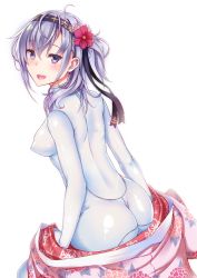 Rule 34 | 1girl, :d, ahoge, alternate costume, ass, back, black hairband, blue eyes, blush, bodysuit, bodysuit under clothes, breasts, clothes writing, covered erect nipples, floral print, flower, from behind, hair flower, hair ornament, hairband, interstellar, japanese clothes, kantai collection, kimono, leaning forward, long hair, looking at viewer, looking back, medium breasts, one side up, open clothes, open kimono, open mouth, pink flower, pink kimono, print kimono, shiny skin, silver hair, simple background, skin tight, smile, solo, suzutsuki (kancolle), white background, white bodysuit