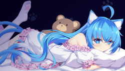 Rule 34 | 1girl, ahoge, animal ear fluff, animal ears, bed sheet, blue background, blue eyes, blue hair, cat ears, closed mouth, clothing cutout, dress, from side, hair between eyes, highres, indie virtual youtuber, kekewei (virtual youtuber), kekewei channel, leg up, long hair, lying, multiple tails, on stomach, paw print, paw print background, pillow, print thighhighs, rx7649, short dress, shoulder cutout, solo, stuffed animal, stuffed toy, tail, teddy bear, thighhighs, two tails, very long hair, virtual youtuber, white dress, white thighhighs
