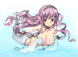Rule 34 | 1girl, amami amayu, arm ribbon, breasts, bubble, cleavage, crown, fins, head fins, jewelry, large breasts, long hair, looking at viewer, mermaid, monster collection, monster girl, necklace, pink hair, red eyes, ribbon, seashell, shell, shell bikini, smile, solo, swimming, tiara, underwater