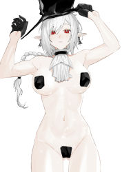 Rule 34 | 1girl, absurdres, arknights, ascot, bare shoulders, black gloves, black hat, braid, braided ponytail, breasts, commentary, cropped legs, earrings, gladiia (arknights), gloves, hand on headwear, hat, highres, jewelry, long hair, looking at viewer, maebari, medium breasts, navel, parted lips, pasties, pointy ears, red eyes, renxzd, simple background, solo, white ascot, white background, white hair