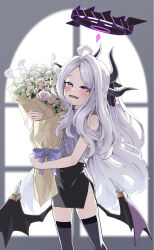 Rule 34 | 1girl, :d, ahoge, black thighhighs, blue archive, blurry, bouquet, commentary request, demon girl, demon horns, demon wings, depth of field, flower, hair ribbon, halo, highres, hina (blue archive), holding, holding bouquet, horns, long hair, looking at viewer, open mouth, parted bangs, pencil skirt, ponytail, purple eyes, ribbon, rodeong r, rose, shirt, side slit, sidelocks, skirt, sleeveless, sleeveless shirt, smile, solo, thighhighs, white flower, white hair, white rose, window, wings, zettai ryouiki