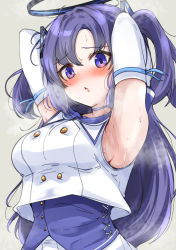 Rule 34 | 1girl, :o, armpits, arms up, blue archive, blue choker, blush, breasts, choker, commentary request, detached sleeves, grey background, hair between eyes, hair ornament, halo, highres, long hair, looking at viewer, machismo fuji, medium breasts, mischievous straight uniform (blue archive), official alternate costume, parted lips, purple eyes, purple hair, simple background, solo, steam, sweat, two side up, upper body, yuuka (blue archive)