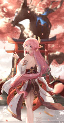 Rule 34 | 1girl, absurdres, animal ears, cherry blossoms, detached sleeves, earrings, falling petals, floppy ears, fox ears, genshin impact, highres, japanese clothes, jewelry, long hair, low-tied long hair, nontraditional miko, petals, pink hair, purple eyes, solo, very long hair, whyte srsn, wide sleeves, yae miko