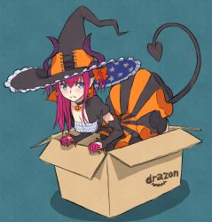 Rule 34 | 10s, 1girl, amazon (company), box, cardboard box, choker, dress, earrings, elizabeth bathory (fate), elizabeth bathory (fate/extra ccc), elizabeth bathory (fate/grand order), elizabeth bathory (halloween caster) (fate), fate/extra, fate/extra ccc, fate/grand order, fate (series), halloween elizabeth (fate/grand order), hat, highres, horns, in box, in container, jewelry, long hair, pointy ears, pumpkin, solo, striped clothes, striped dress, tail, utu (ldnsft), vertical-striped clothes, vertical-striped dress, witch hat