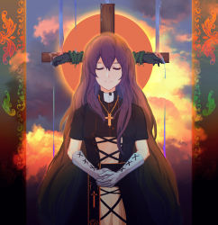 Rule 34 | 1girl, adapted costume, alternate costume, aura, backlighting, big hair, black dress, border, brown hair, christianity, closed eyes, cloud, commentary request, cowboy shot, cross, cross necklace, cross print, dress, elbow gloves, facing viewer, flower border, gloves, gradient hair, hair between eyes, heiyao, highres, hijiri byakuren, jewelry, long hair, multicolored clothes, multicolored dress, multicolored hair, necklace, night, night sky, nun, own hands together, peaceful, pillarboxed, plant, purple hair, red clouds, red sun, short sleeves, sidelocks, sky, smile, solo, standing, sunset, touhou, translucent border, transparent border, twilight, very long hair, vines, water, white dress, white gloves